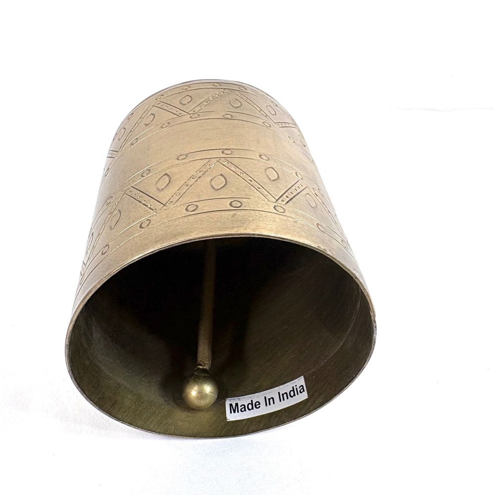 Pottery Barn Bell Gold Brass Etched Geometric Pattern Made in India Large 8in - Picture 4 of 7